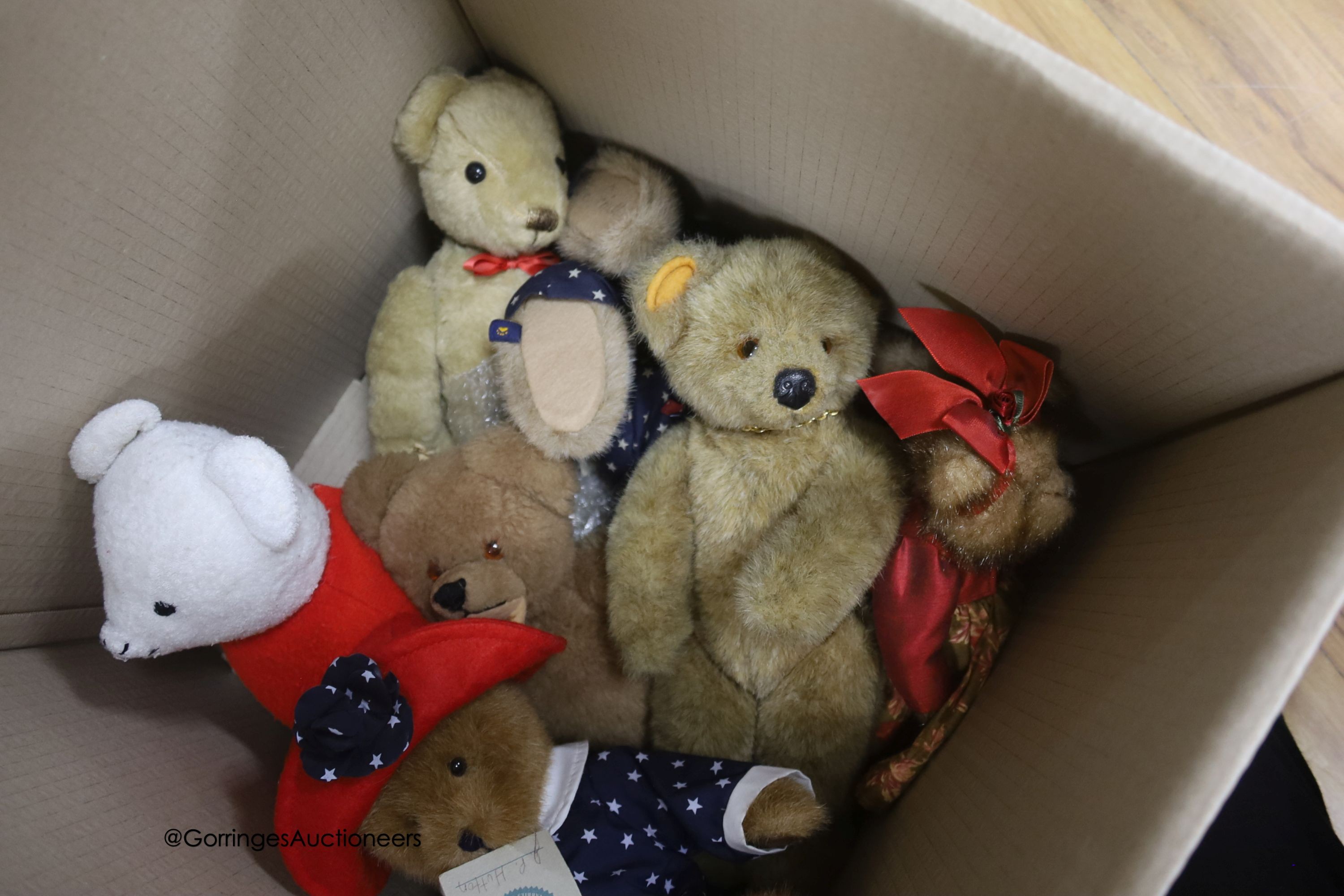 Eight assorted modern bears including two Boyds and a modern yellow bear